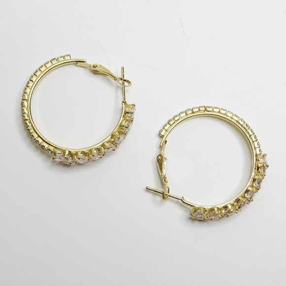 Gold Bejeweled Crystalline Sparkling Formal Hoop Earrings - Picture 6 of 7